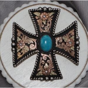 RimRock HYO Sterling Silver & 10k G.F Turquoise Cross Pendant 78.01G/3.1in